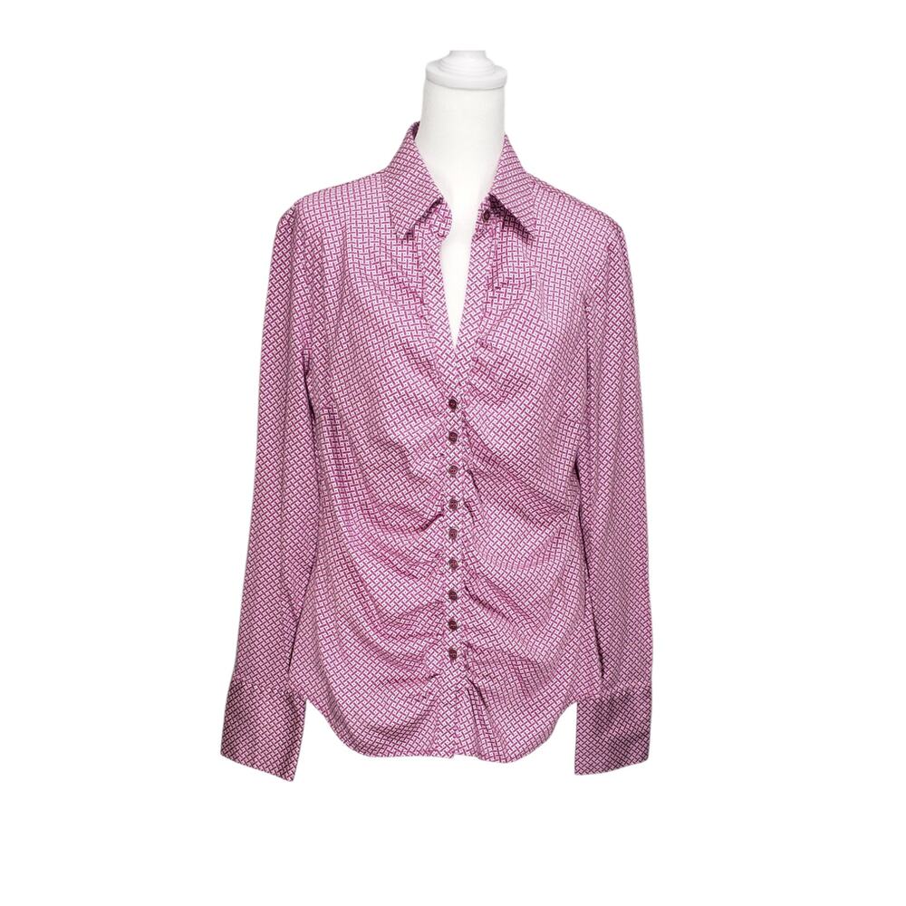 NY&Co Pink Geometric Ruched Office Siren Blouse Large Y2K Boho Professional
